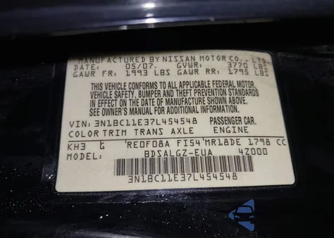 2007 Nissan Versa 1.8Sl z USA, uszkodzony, nr VIN 3N1BC11E37L454548